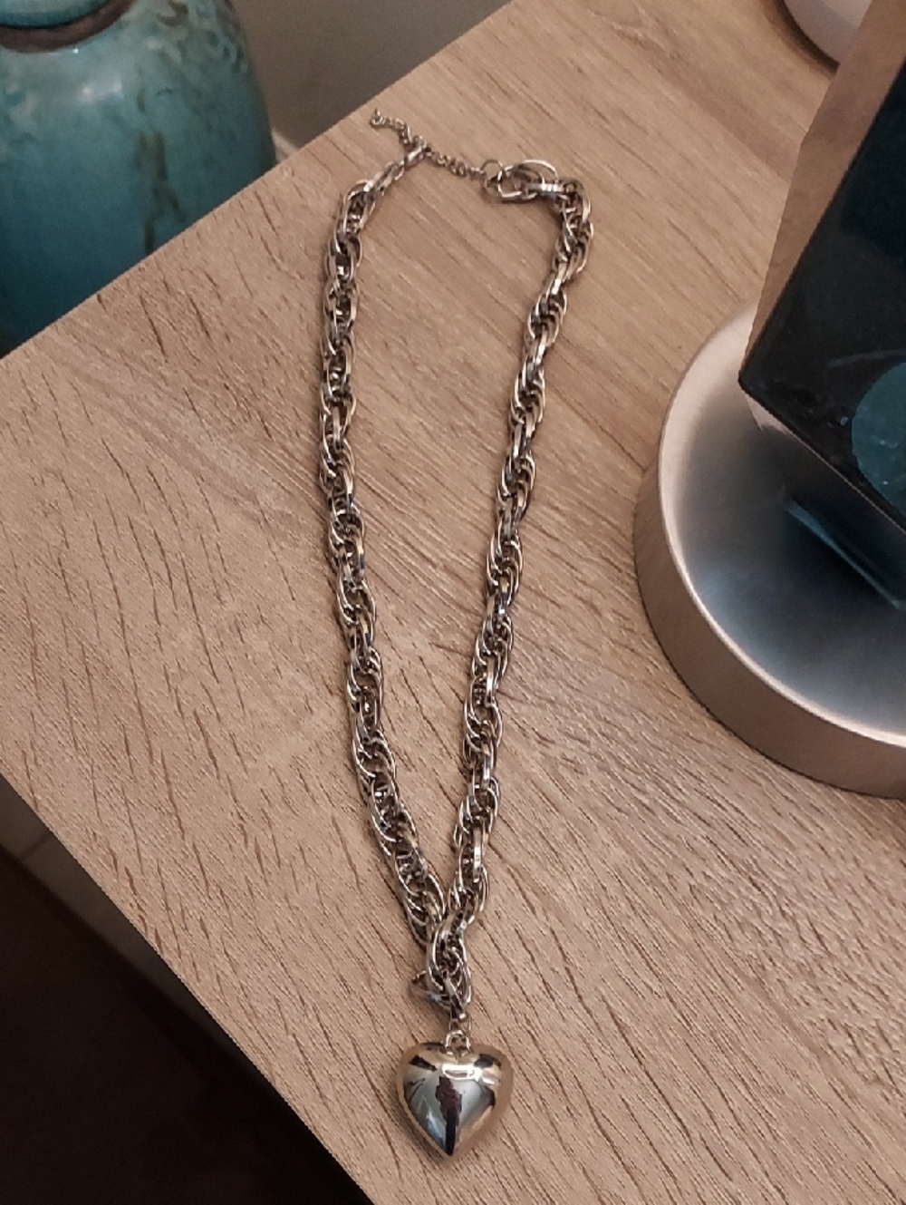 Chunky Silvertone Chain Necklace with Heart Pendant